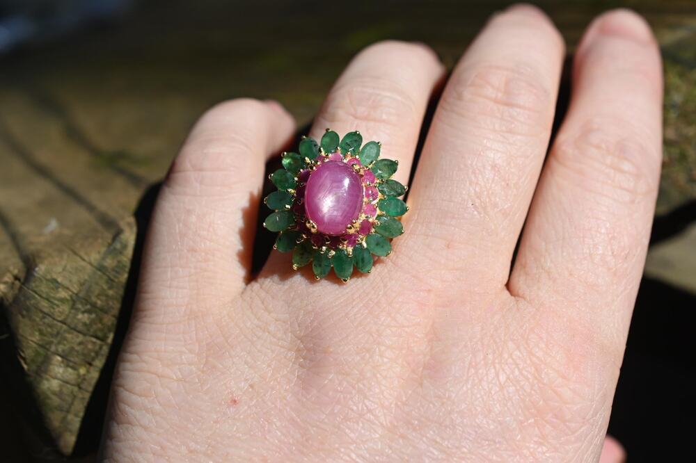 Ruby Emerald Floral Ring – Handmade Boho Statement Ring – Vintage Style Gemstone
